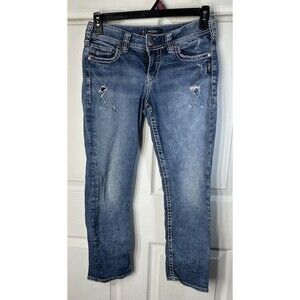 Womens Silver Suki Cropped Stretch Jeans Mid Capri Fit Distressed Denim 28/23